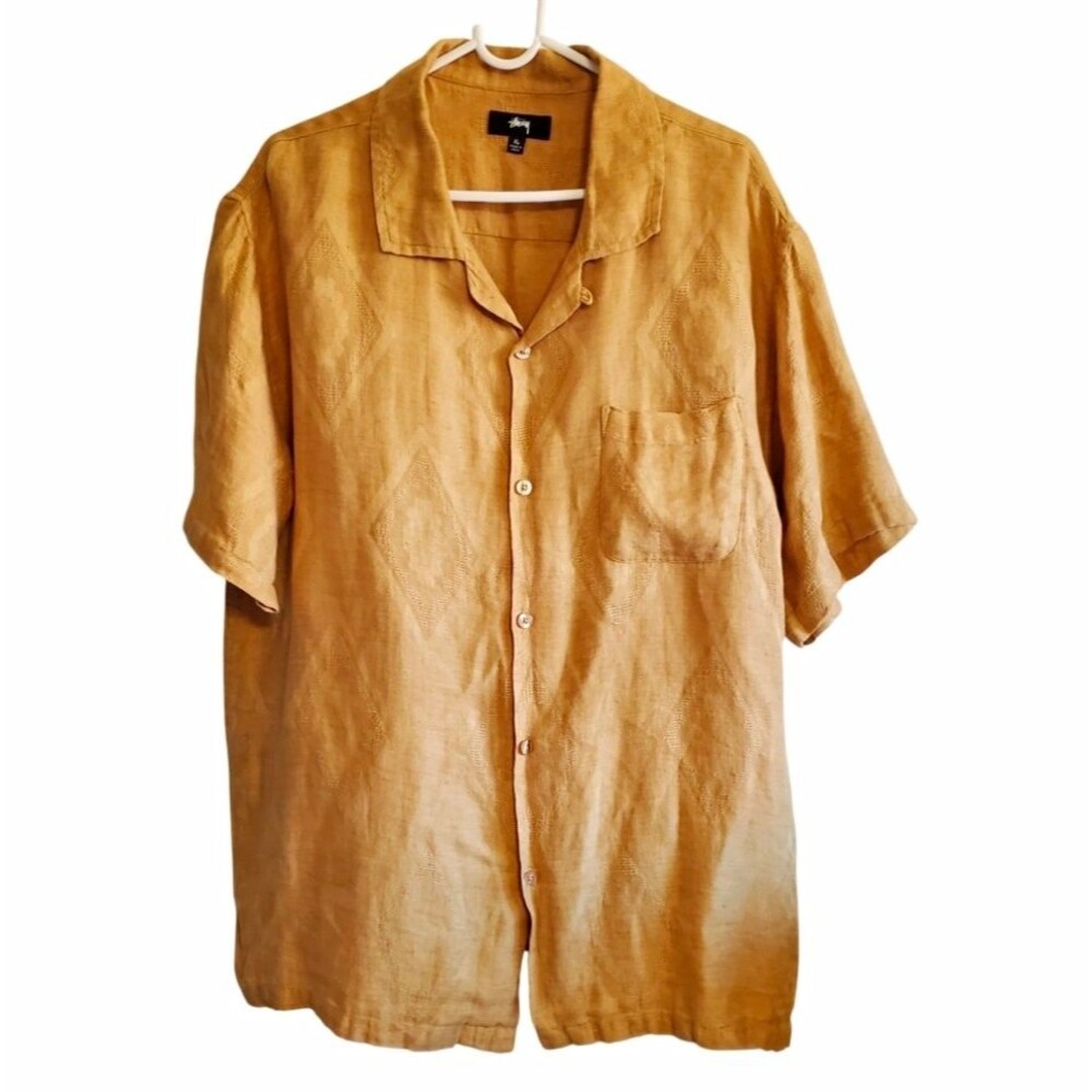 Stussy Mens Diamond Jacquard Linen Button Up Shirt Retro Streetwear Mustard XL